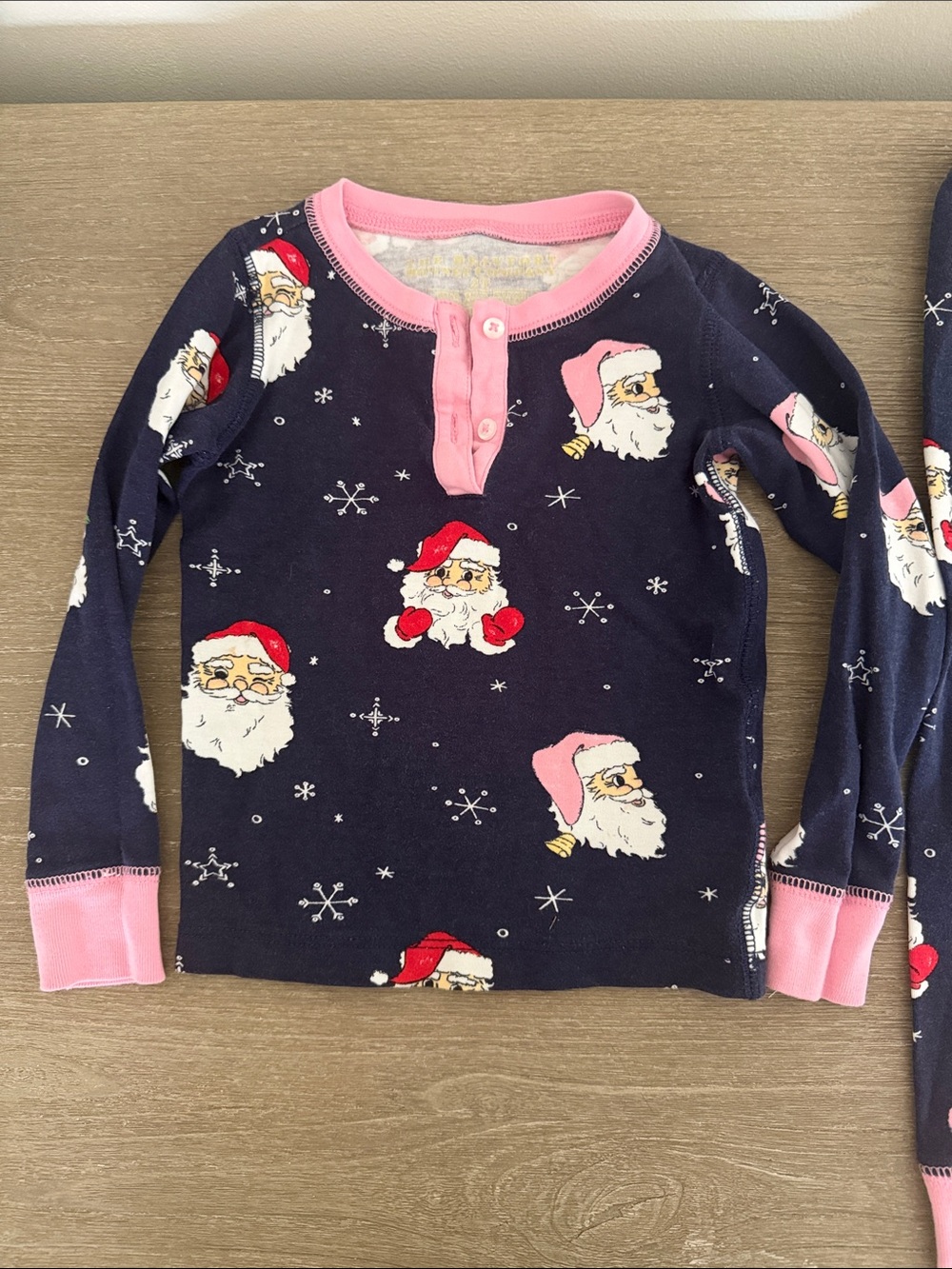 The Beaufort Bonnet Company Navy Santa Print Pajama Top with Pink Trim